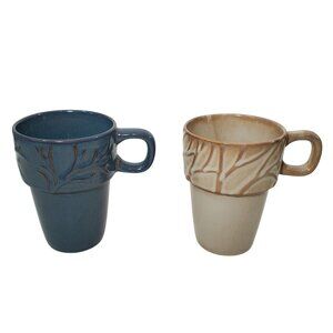 Rare Set Of 2 Merc Asia Ceramic Nesting Shabby Chic Coffee Mugs 16 oz. Stackable